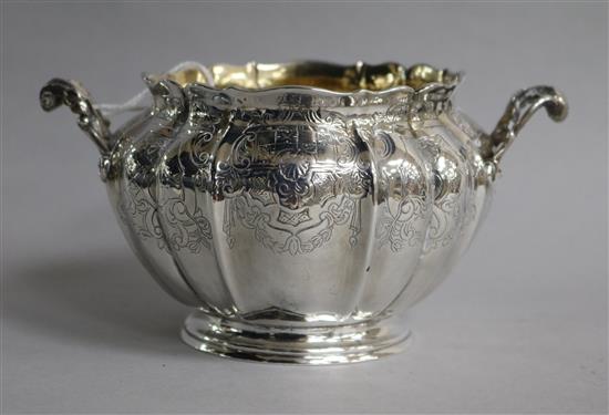 A Victorian engraved silver two handled sugar bowl, Walter Morrisse, London, 1846, 8.5 oz.